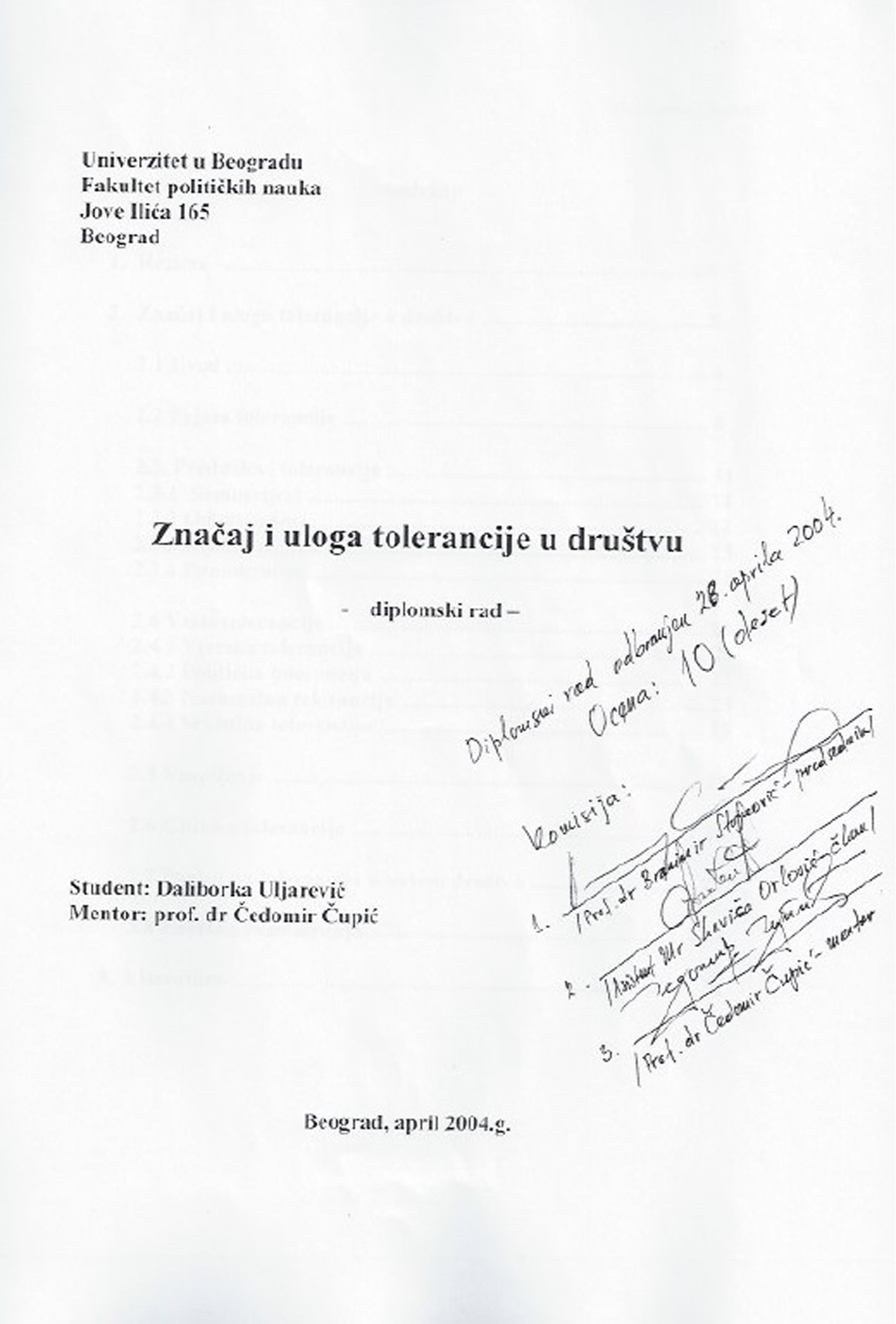 Analiza diplomskog rada koji je, 28. aprila 2004. godine, Daliborka Uljarević odbranila pred komisijom koju su sačinjavali mentor Čedomir Čupić, član Slaviša Orlović i predsednik Branimir Stojković, pokazala je da je 30% rada prepisano bez adekvatnog navođenja izvora, što predstavlja težak akademski prekršaj